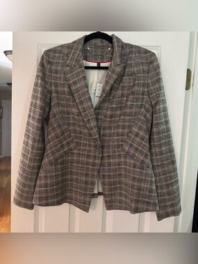 Women’s Plaid Single-Button Blazer Jacket - Gray red brown